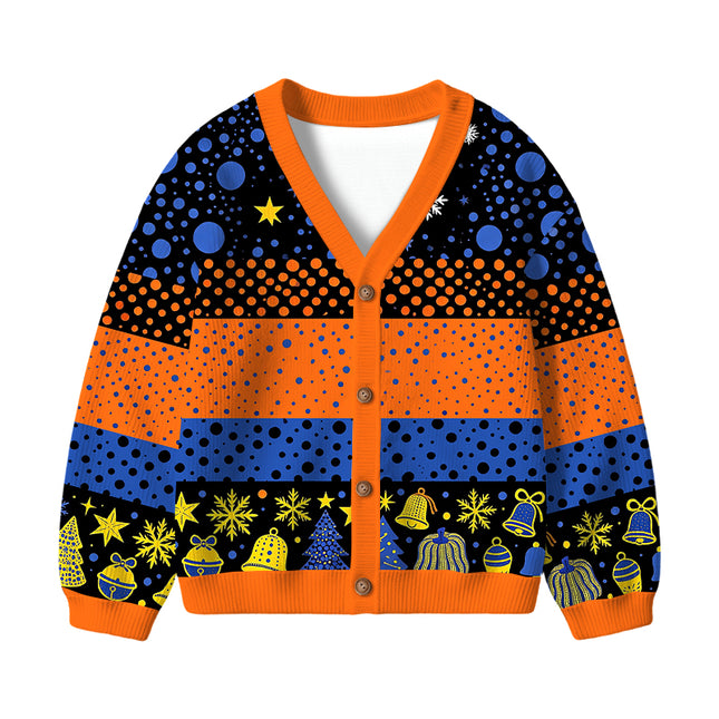 Uglysweatershops Art Navy Yellow Pumpkin Kids Ugly Cardigan Sweater