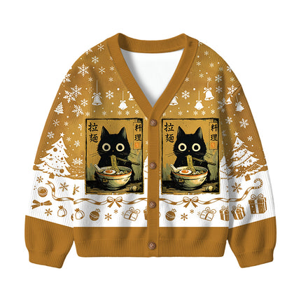 Uglysweatershops Cute Black Cat Eating Ramen Kids Ugly Cardigan Sweater