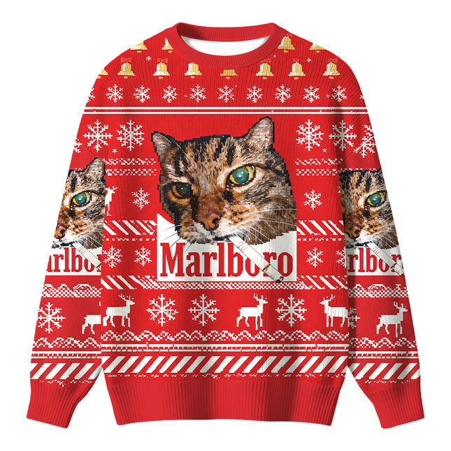 Uglysweatershops Red Funny Smoking Cat Meme Christmas Ugly Sweater