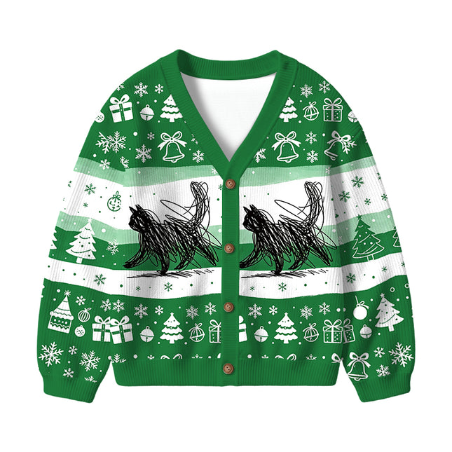 Uglysweatershops Minimalist Cat Art Kids Ugly Cardigan Sweater