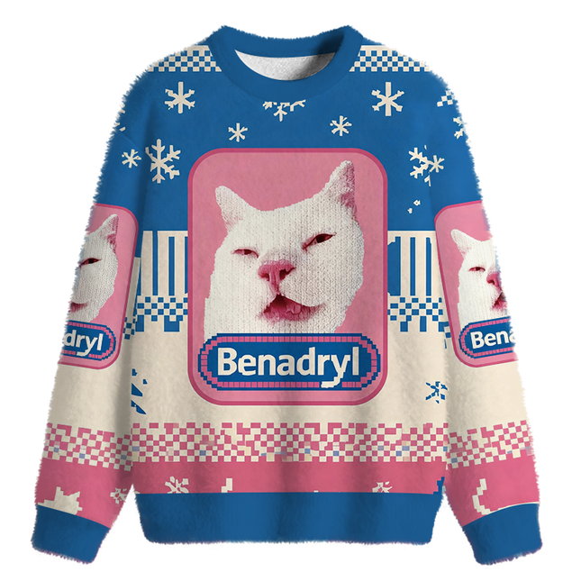 Uglysweatershops Drowsy Meme Cat Fuzzy Christmas Ugly Sweatshirt
