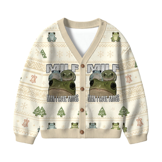 Uglysweatershops Man I Love Frogs Kids Ugly Cardigan Sweater