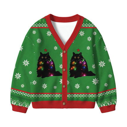 Uglysweatershops Lights Cat Green Kids Ugly Cardigan Sweater