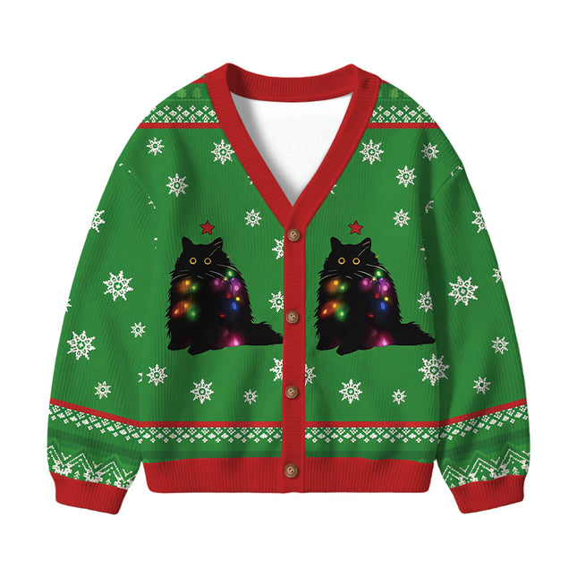 Uglysweatershops Lights Cat Green Kids Ugly Cardigan Sweater