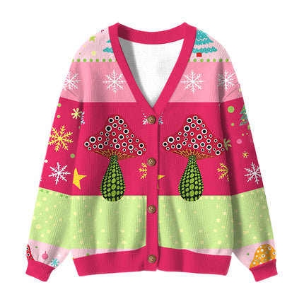 Uglysweatershops Pink Mushroom Ugly Cardigan Sweater