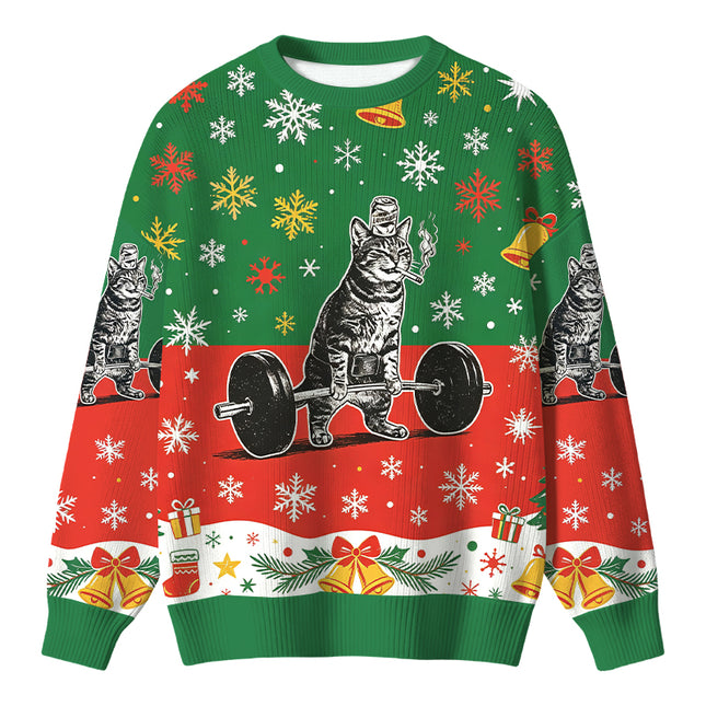 Uglysweatershops Funny Deadlift Cat Christmas Ugly Sweater