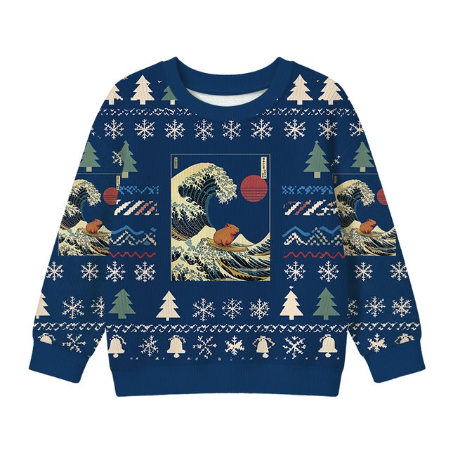 Uglysweatershops Capybara Surfing Kids Ugly Sweater