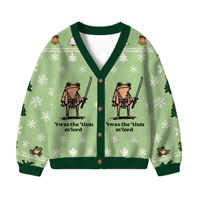 Uglysweatershops Focused Samurai Frog Kids Ugly Cardigan Sweater