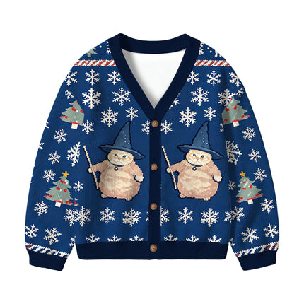 Uglysweatershops Wizard Cat Funny Kids Ugly Cardigan Sweater