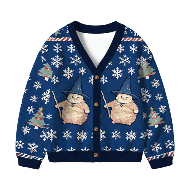 Uglysweatershops Wizard Cat Funny Kids Ugly Cardigan Sweater