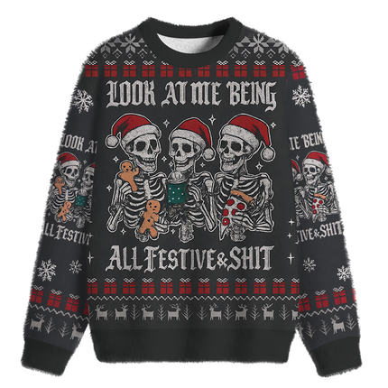 Uglysweatershops Look at Me Being Festive Skeleton Fuzzy Christmas Ugly Sweatshirt
