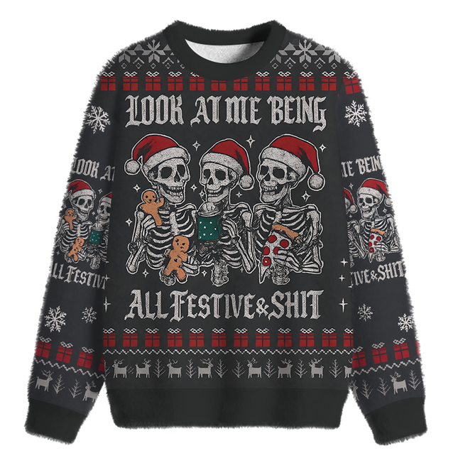 Uglysweatershops Look at Me Being Festive Skeleton Fuzzy Christmas Ugly Sweatshirt