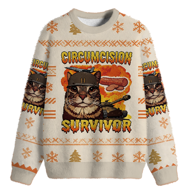 Uglysweatershops Circumcision Survivor Funny Cat Meme Fuzzy Christmas Ugly Sweatshirt