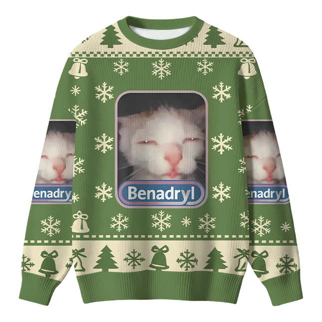 Uglysweatershops Green Psychedelic Cat Christmas Ugly Sweater