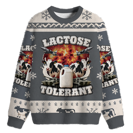 Uglysweatershops Lactose Tolerant Funny Meme Fuzzy Christmas Ugly Sweatshirt