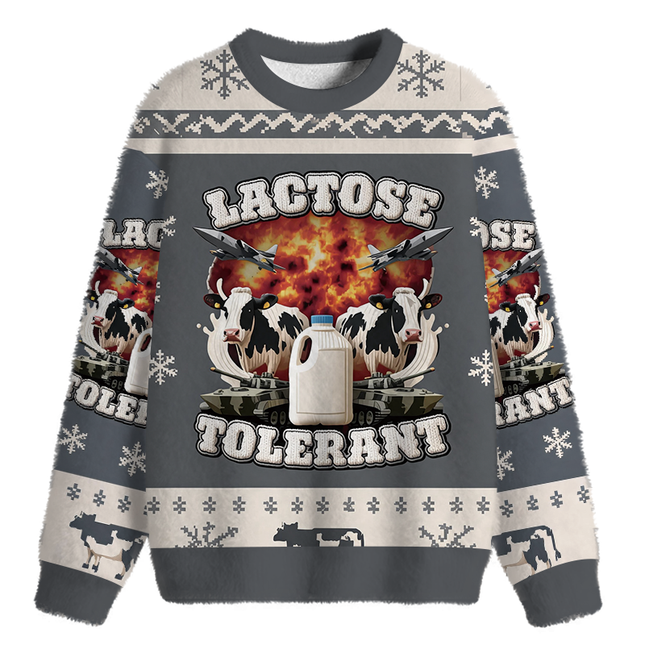 Uglysweatershops Lactose Tolerant Funny Meme Fuzzy Christmas Ugly Sweatshirt