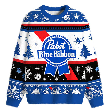 Uglysweatershops Retro Blue Ribbon Fuzzy Christmas Ugly Sweatshirt