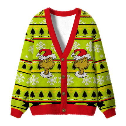 Uglysweatershops Santa Hat Fuzzy Ugly Cardigan Sweatshirt
