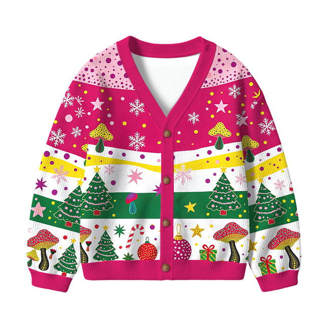 Uglysweatershops Art Mushroom Vintage Kids Ugly Cardigan Sweater