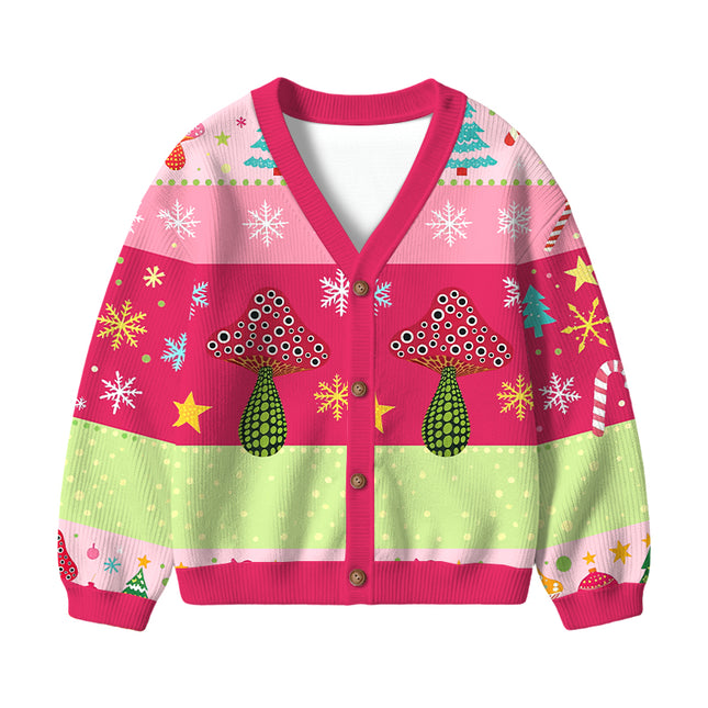 Uglysweatershops Pink Mushroom Kids Ugly Cardigan Sweater