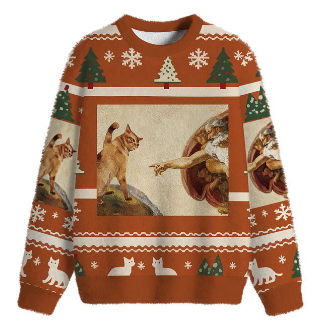Uglysweatershops Cat God Creation Of Adam Meme Fuzzy Christmas Ugly Sweatshirt