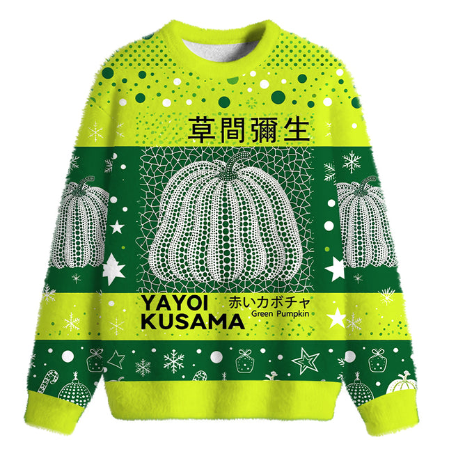 Uglysweatershops Art Green Pumpkin Vintage Fuzzy Christmas Ugly Sweatshirt
