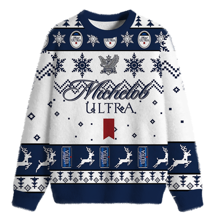 Uglysweatershops Blue White Snowflake Deer Fuzzy Christmas Ugly Sweatshirt