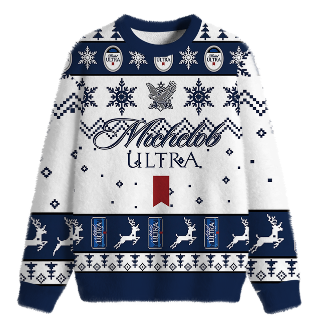 Uglysweatershops Blue White Snowflake Deer Fuzzy Christmas Ugly Sweatshirt