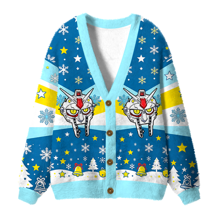 Uglysweatershops Retro Mecha Robot Head Fuzzy Ugly Cardigan Sweatshirt