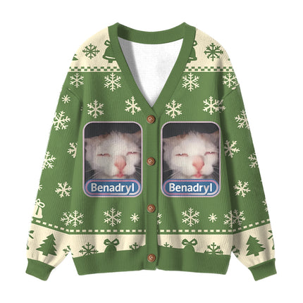 Uglysweatershops Green Psychedelic Cat Ugly Cardigan Sweater