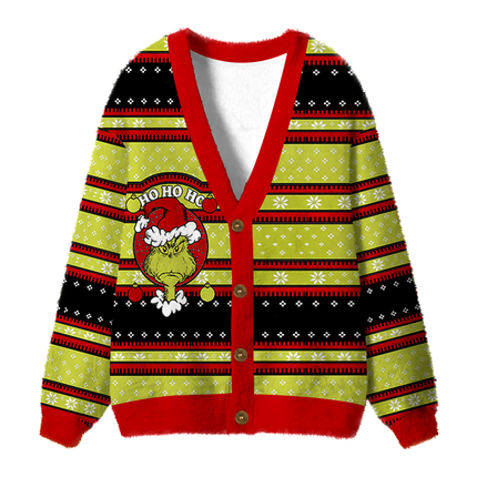 Uglysweatershops Ho Ho Ho Fuzzy Ugly Cardigan Sweatshirt