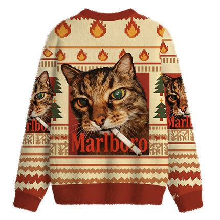Uglysweatershops Funny Smoking Cat Fuzzy Christmas Ugly Sweatshirt