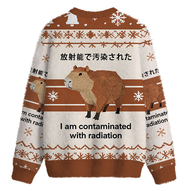 Uglysweatershops Brown Capybara Contaminated By Radiation Fuzzy Christmas Ugly Sweatshirt