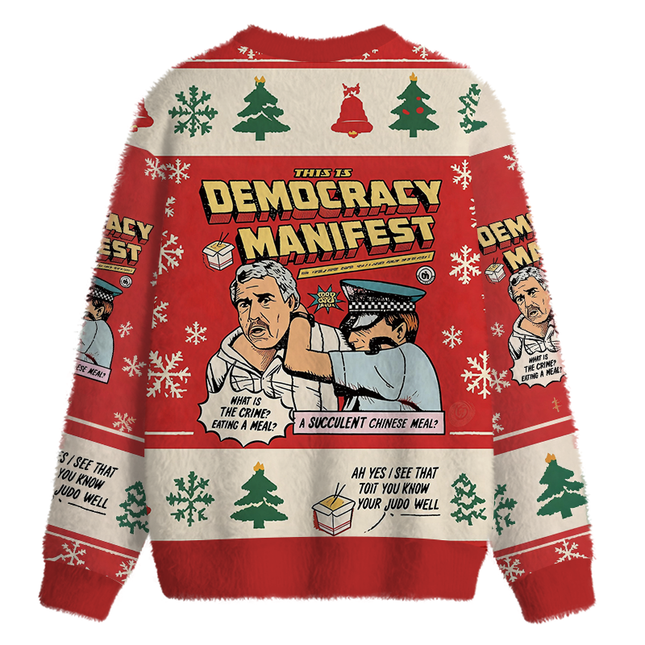 Uglysweatershops This is Democracy Fuzzy Christmas Ugly Sweatshirt