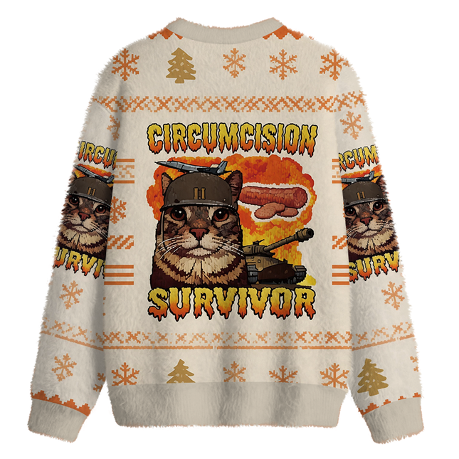 Uglysweatershops Circumcision Survivor Funny Cat Meme Fuzzy Christmas Ugly Sweatshirt