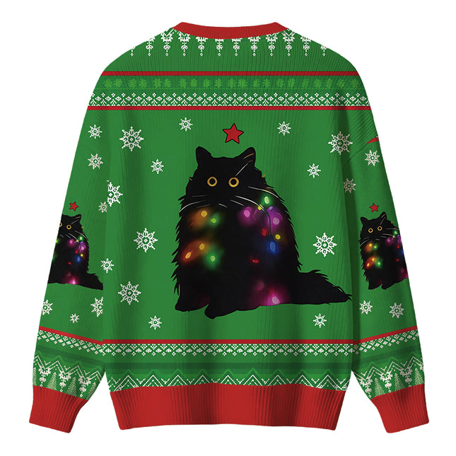 Uglysweatershops Lights Cat Green Christmas Ugly Sweater