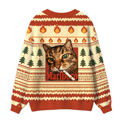 Uglysweatershops Funny Smoking Cat Ugly Cardigan Sweater