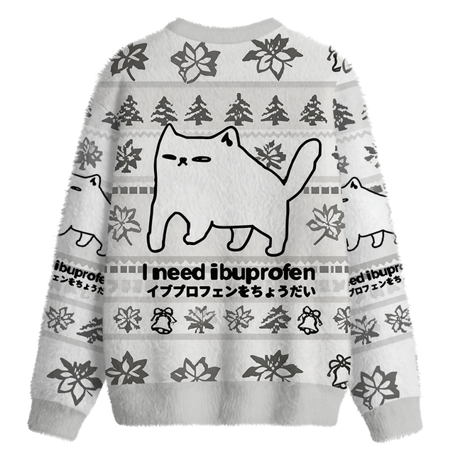 Uglysweatershops I Need Ibuprofen Cat Fuzzy Christmas Ugly Sweatshirt