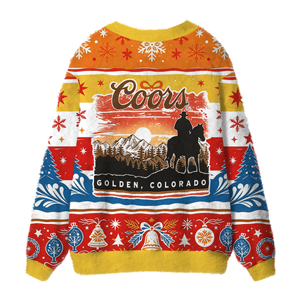 Uglysweatershops Vintage Western Cowboy Mountain Sunset Fuzzy Ugly Cardigan Sweatshirt