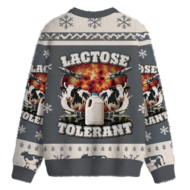 Uglysweatershops Lactose Tolerant Funny Meme Fuzzy Christmas Ugly Sweatshirt