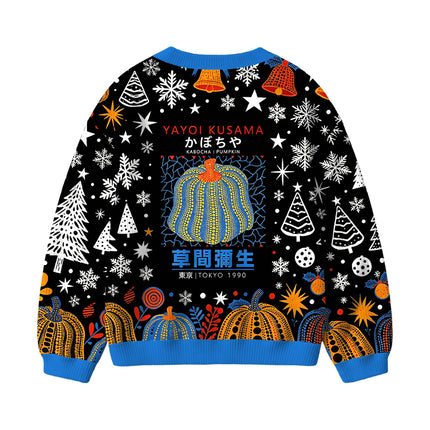 Uglysweatershops Blue Yellow Pumpkin Kids Ugly Cardigan Sweater