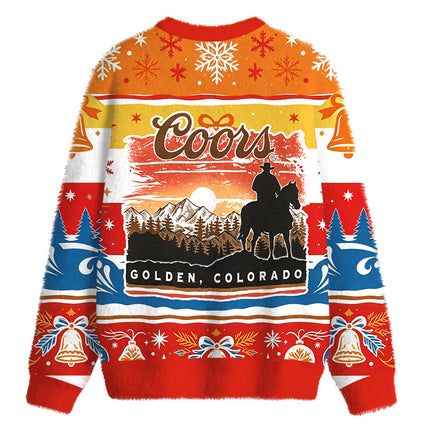 Uglysweatershops Vintage Western Cowboy Mountain Sunset Fuzzy Christmas Ugly Sweatshirt