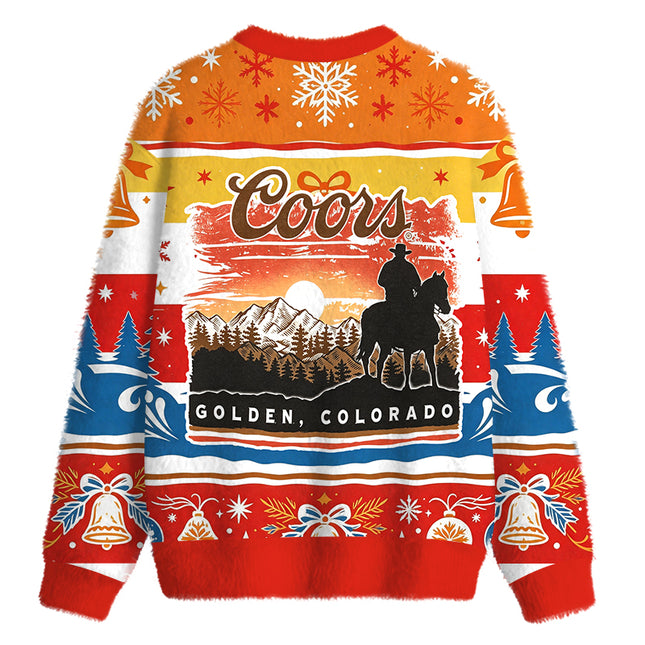 Uglysweatershops Vintage Western Cowboy Mountain Sunset Fuzzy Christmas Ugly Sweatshirt