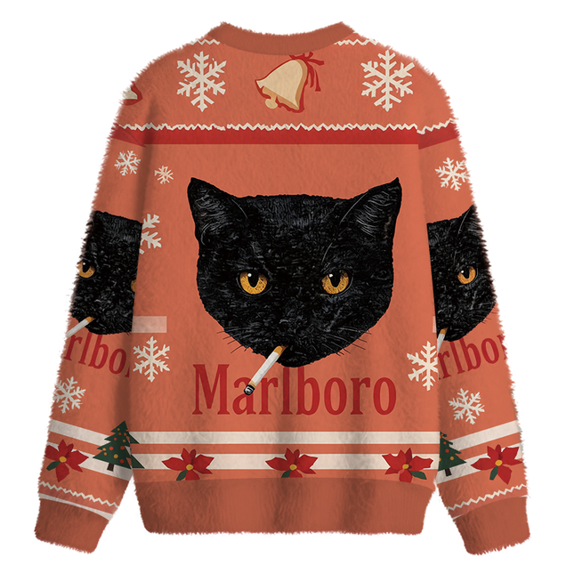 Uglysweatershops Smoking Black Cat Vintage Fuzzy Christmas Ugly Sweatshirt