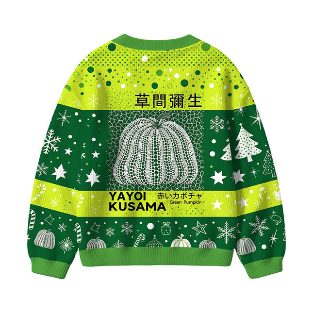 Uglysweatershops Art Green Pumpkin Vintage Kids Ugly Cardigan Sweater