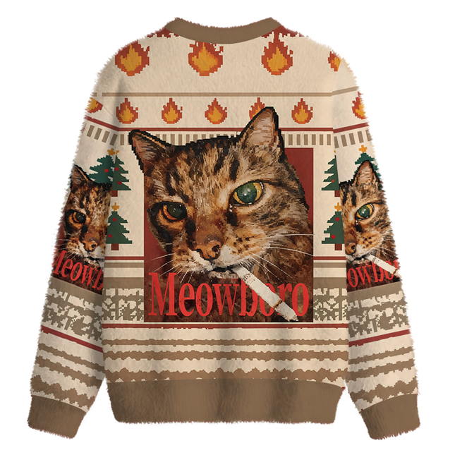 Uglysweatershops Meowlboro Smoking Cat Funny Fuzzy Christmas Ugly Sweatshirt