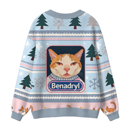 Uglysweatershops Pink Drowsy Cat Meme Funny Ugly Cardigan Sweater