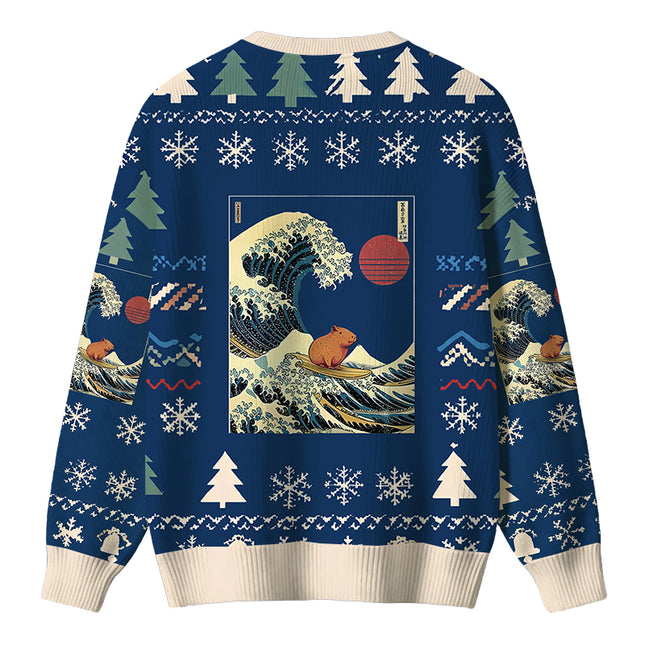 Uglysweatershops Capybara Surfing Christmas Ugly Sweater