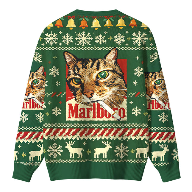 Uglysweatershops Funny Smoking Cat Green Christmas Ugly Sweater