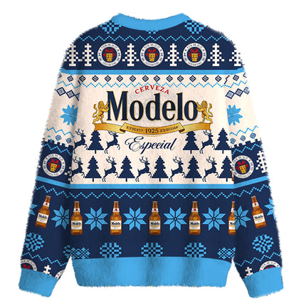 Uglysweatershops Retro Cerveza Winter Scene Fuzzy Christmas Ugly Sweatshirt
